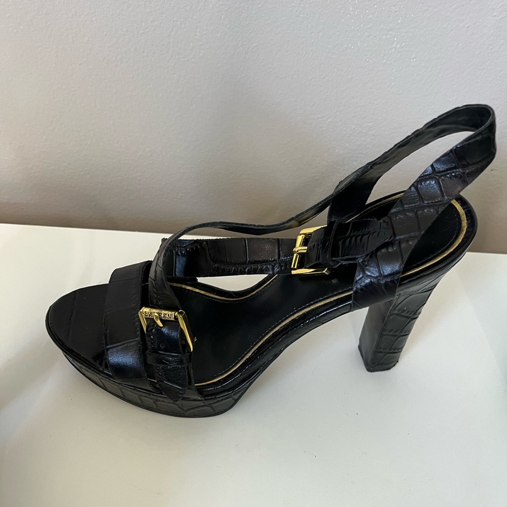 Ralph Lauren Black Croc-Embossed Leather Platform Heels with Gold Buckles